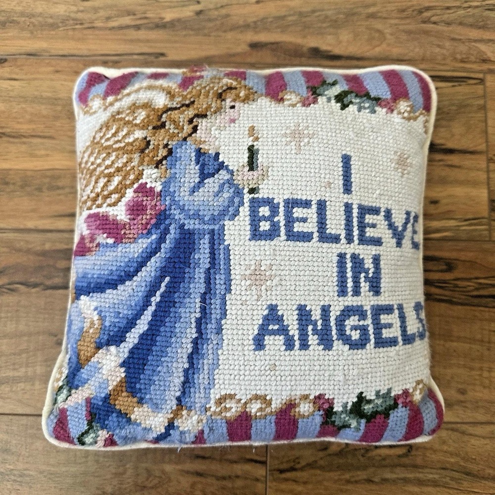 Vintage Needlepoint Angel Pillow‎ I Believe in Angels 9x9 Accent Cushion